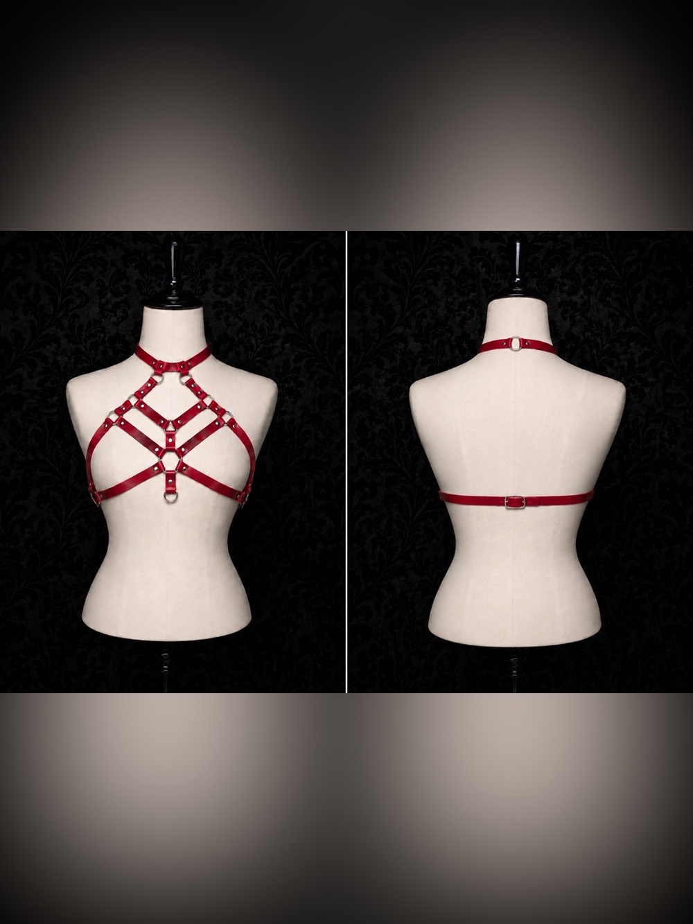 New Red Faux Leather Harness Halter Top Body Cage M/L Adjustable Gothic